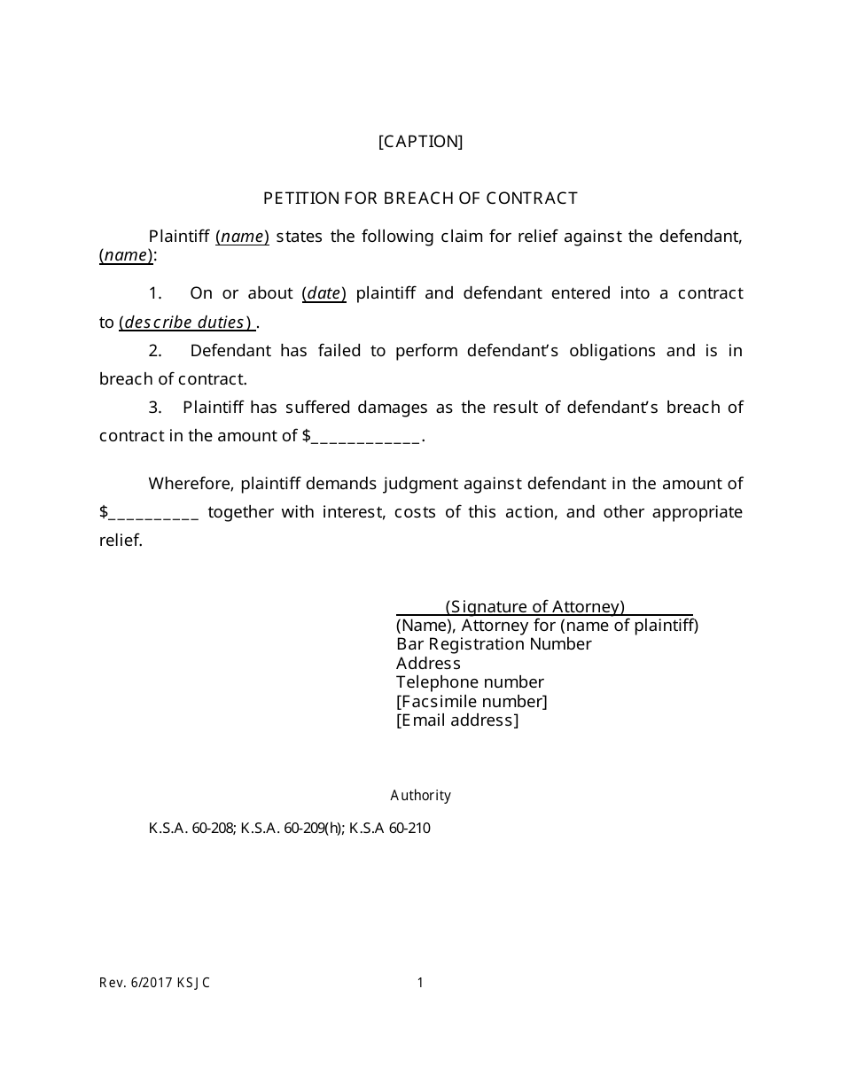 Petition for Breach of Contract - Kansas, Page 1