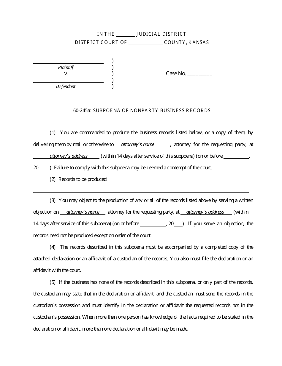 Subpoena of Nonparty Business Records - Kansas, Page 1