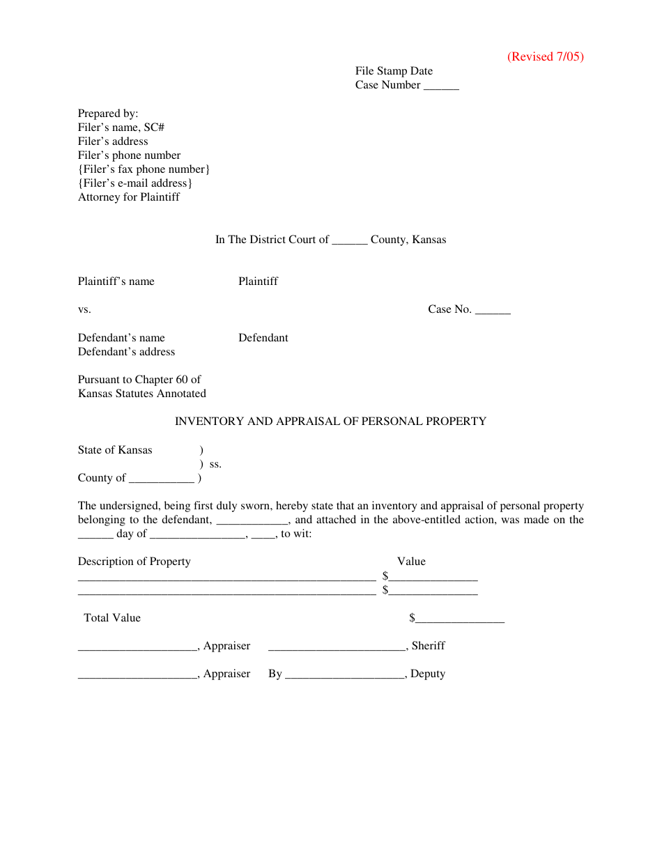 Kansas Inventory and Appraisal of Personal Property Fill Out, Sign