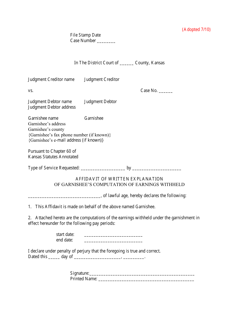 Request for Written Explanation of Garnishees Computation of Earnings Withheld - Kansas, Page 4