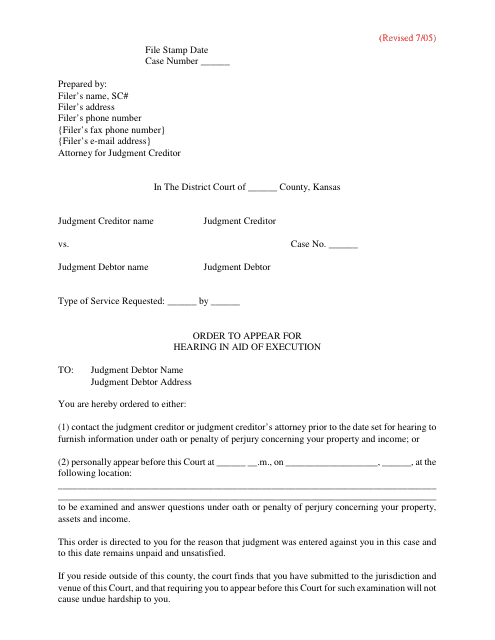 Order to Appear for Hearing in Aid of Execution - Kansas Download Pdf