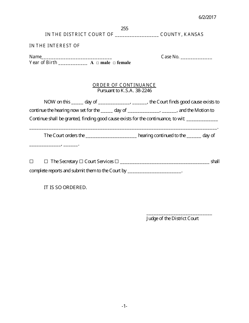 Form 255 Order of Continuance - Kansas, Page 1