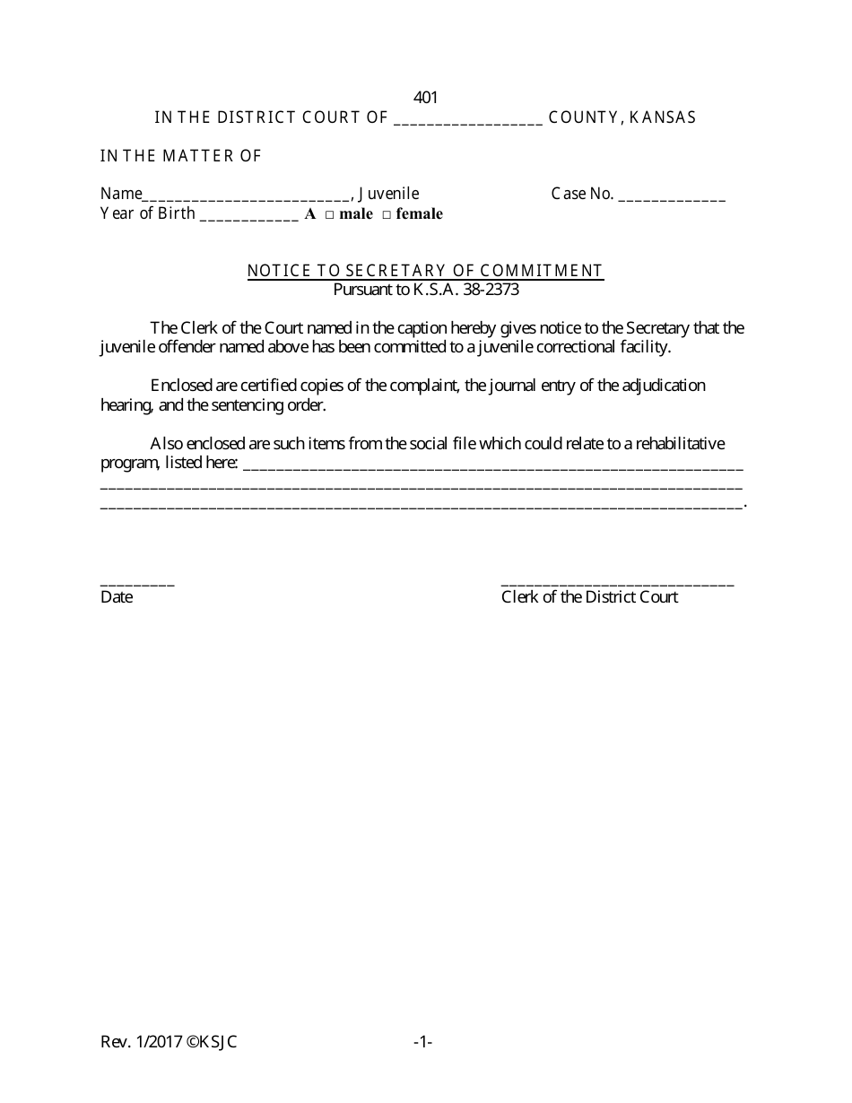 Form 401 Notice to Secretary of Commitment - Kansas, Page 1