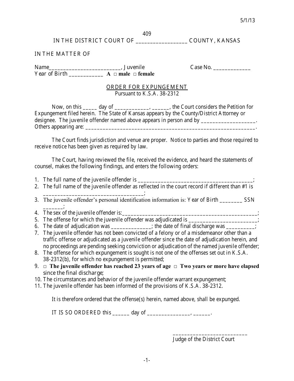 Form 409 Order for Expungement - Kansas, Page 1