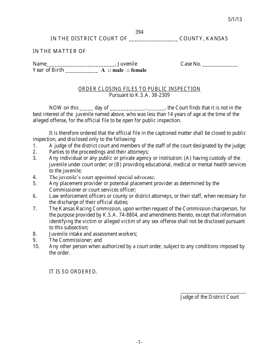 Form 394 Order Closing Files to Public Inspection - Kansas, Page 1