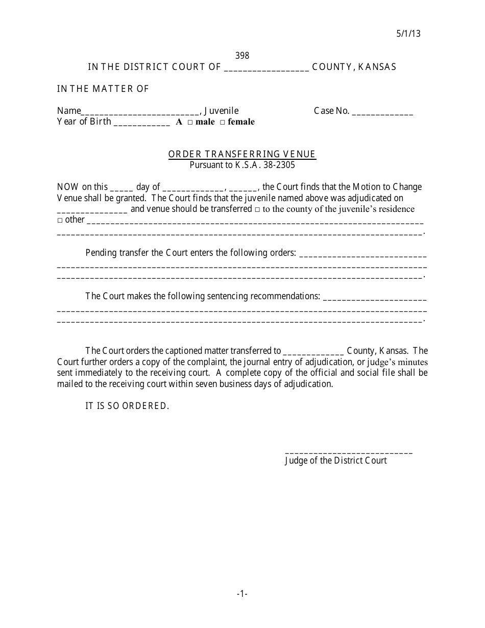 Form 398 Order Transferring Venue - Kansas, Page 1