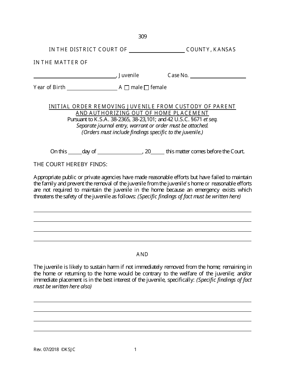 Form 309 Initial Order Removing Juvenile From Custody of Parent and Authorizing out of Home Placement - Kansas, Page 1