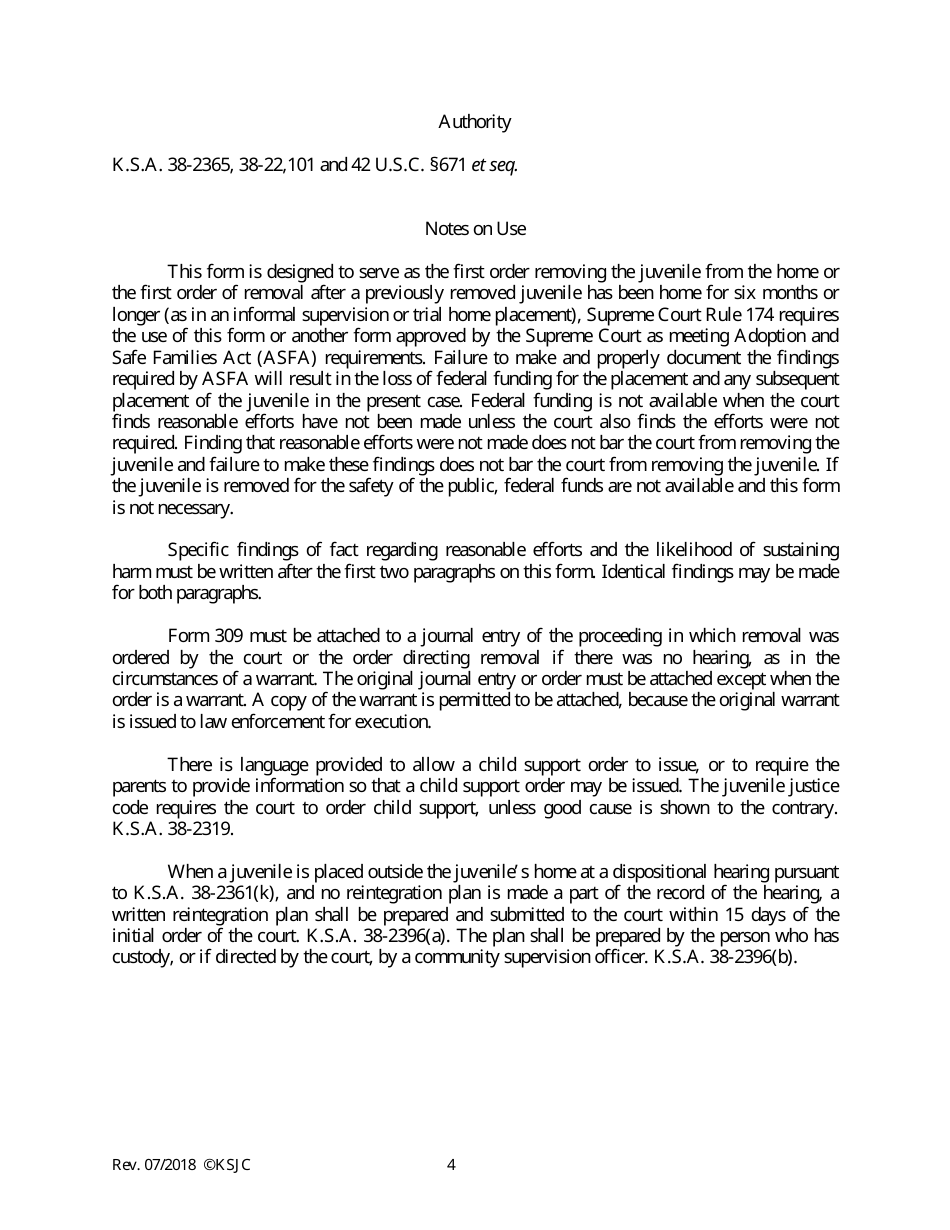 Form 309 Initial Order Removing Juvenile From Custody of Parent and Authorizing out of Home Placement - Kansas, Page 4
