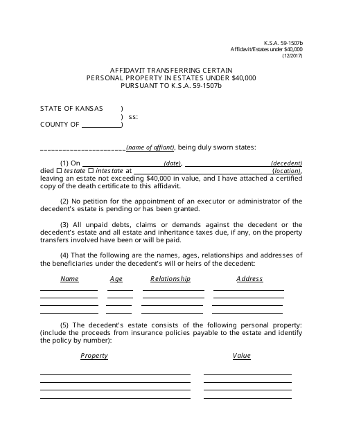 Affidavit Transferring Certain Personal Property in Estates Under $40,000 Pursuant to K.s.a. 59-1507b - Kansas
