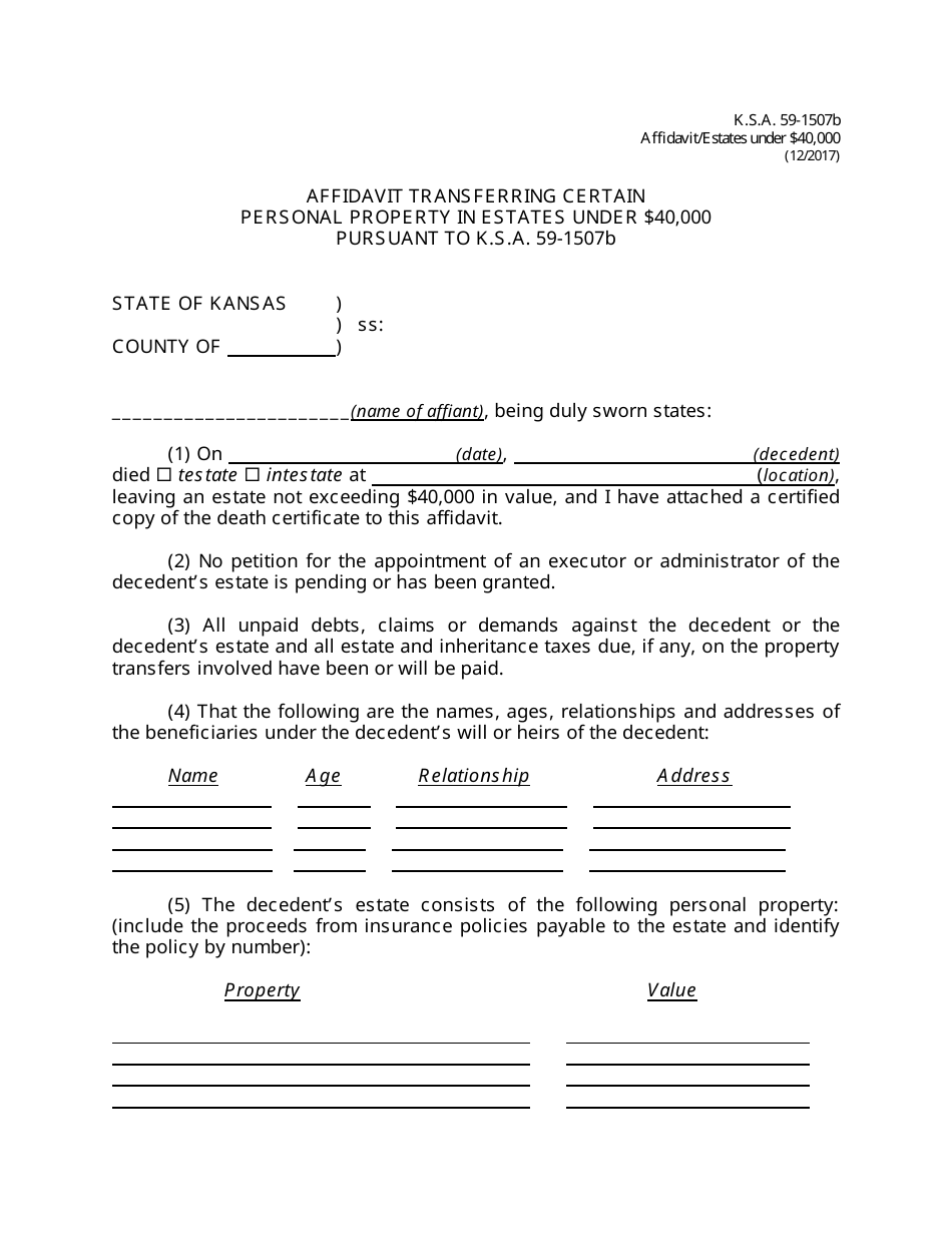 Affidavit Transferring Certain Personal Property in Estates Under $40,000 Pursuant to K.s.a. 59-1507b - Kansas, Page 1