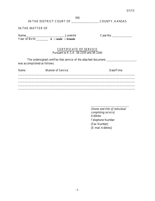 Form 390 Certificate of Service - Kansas