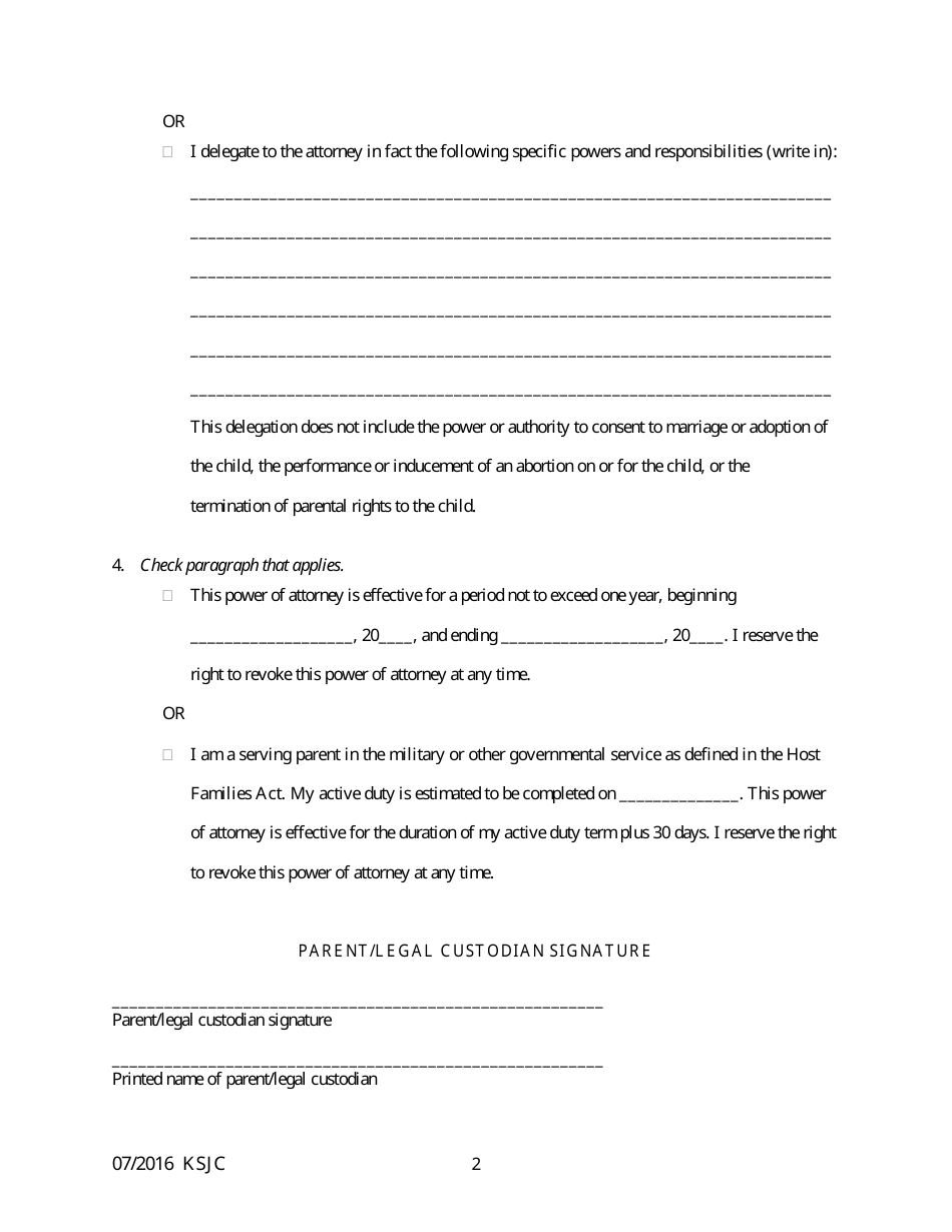 Host Families Act Power of Attorney to Delegate Parental or Legal Custodian Powers - Kansas, Page 2