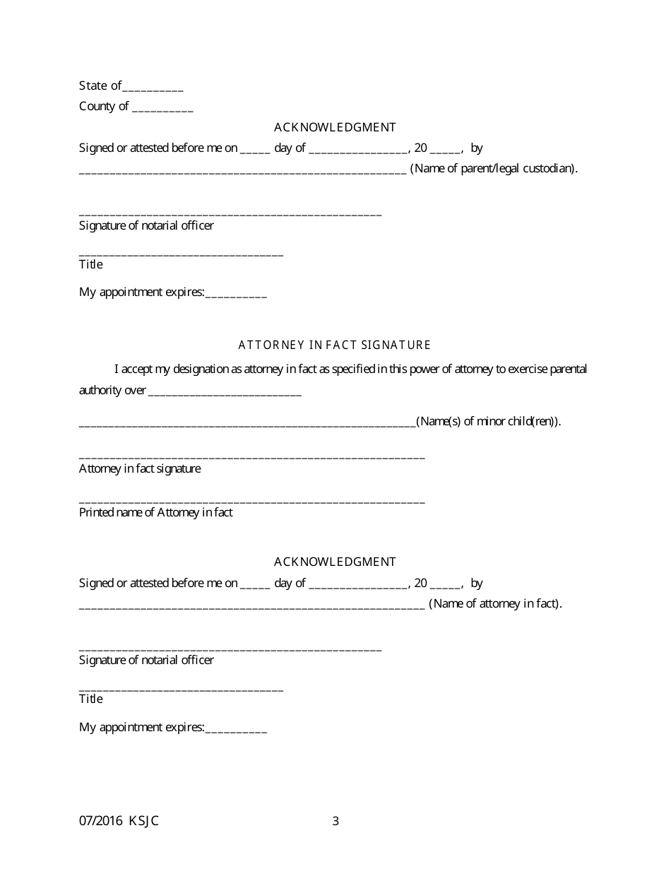 Host Families Act Power of Attorney to Delegate Parental or Legal Custodian Powers - Kansas, Page 3