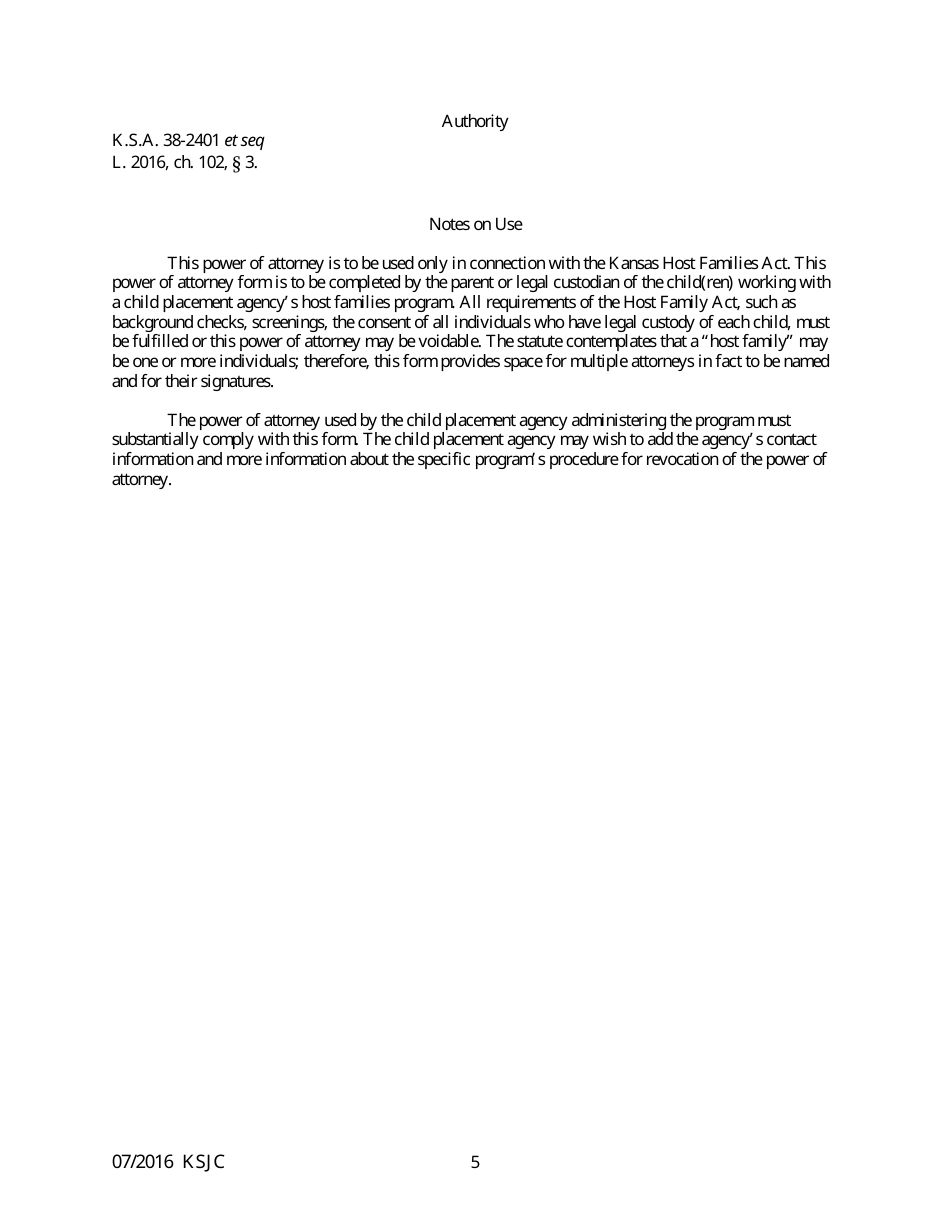 Host Families Act Power of Attorney to Delegate Parental or Legal Custodian Powers - Kansas, Page 5