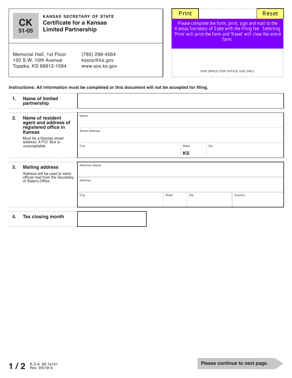 Form CK51-05 Certificate for a Kansas Limited Partnership - Kansas, Page 2
