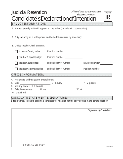 Form JR Judicial Retention Candidate's Declaration of Intention - Kansas
