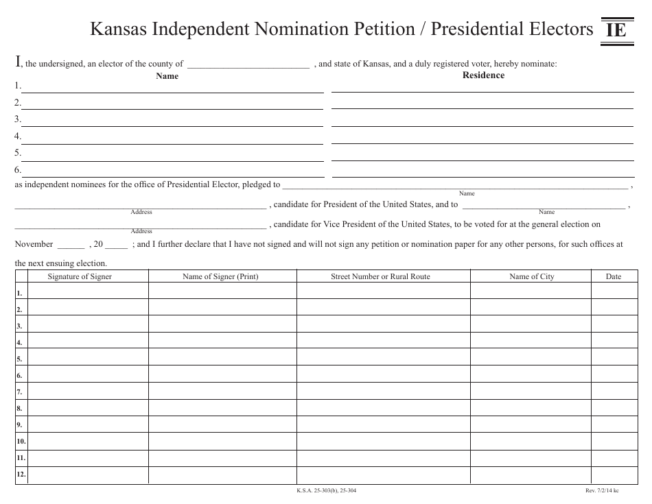 Form IE Kansas Independent Nomination Petition / Presidential Electors - Kansas, Page 1