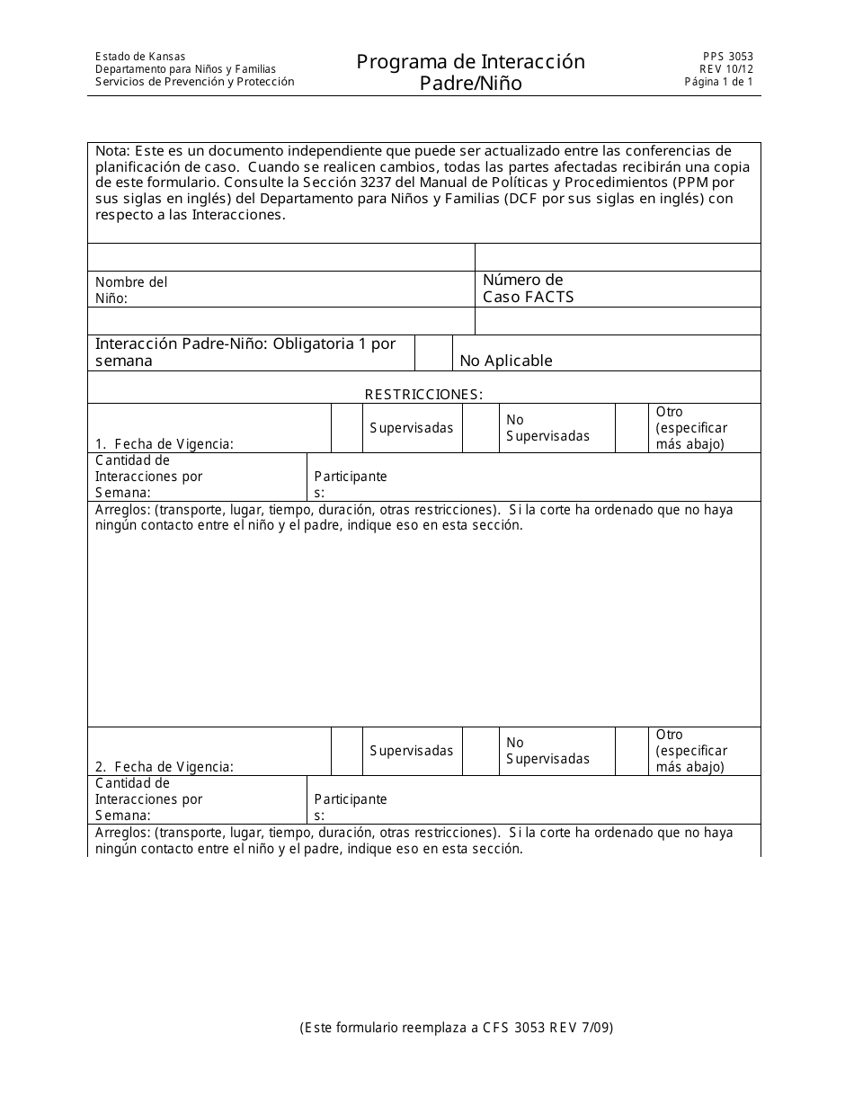 Formulario PPS3053 Programa De Interaccion - Padre / Nino - Kansas (Spanish), Page 1