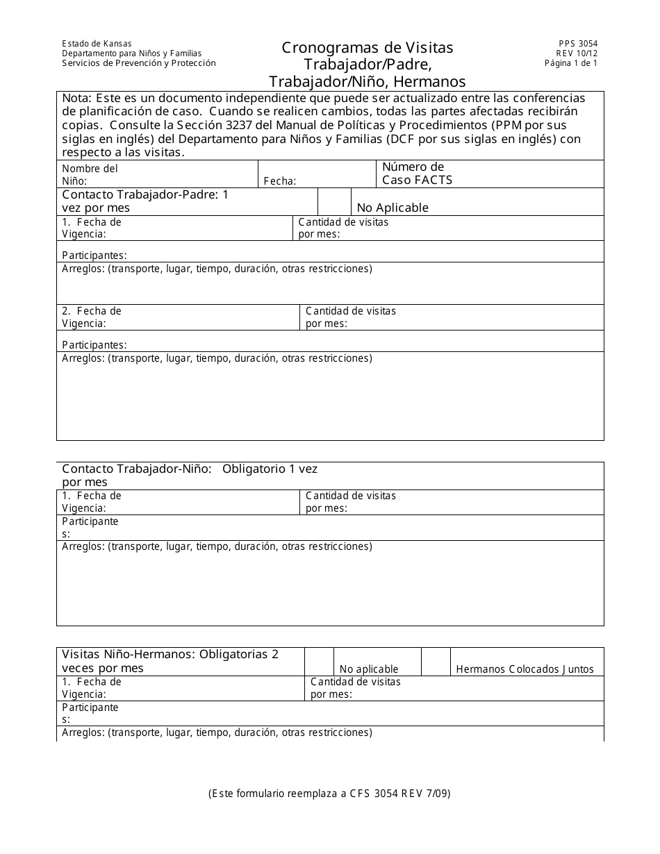 Formulario PPS3054 Cronogramas De Visitas Trabajador / Padre, Trabajador / Nino, Hermanos - Kansas (Spanish), Page 1