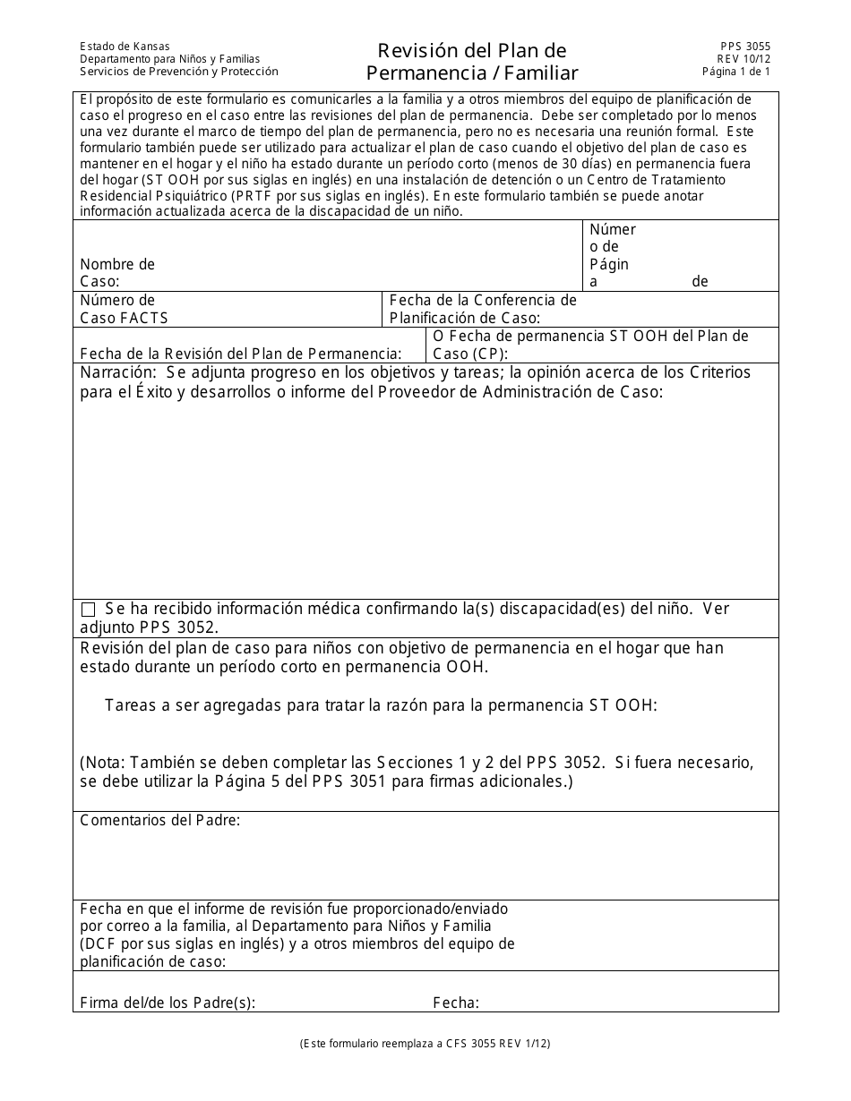 Formulario PPS3055 Revision Del Plan De Permanencia / Familiar - Kansas (Spanish), Page 1