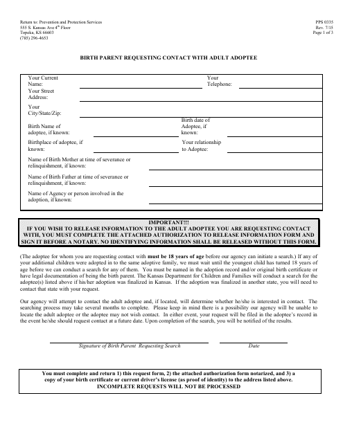 Form PPS0335 Birth Parent Requesting Contact With Adult Adoptee - Kansas