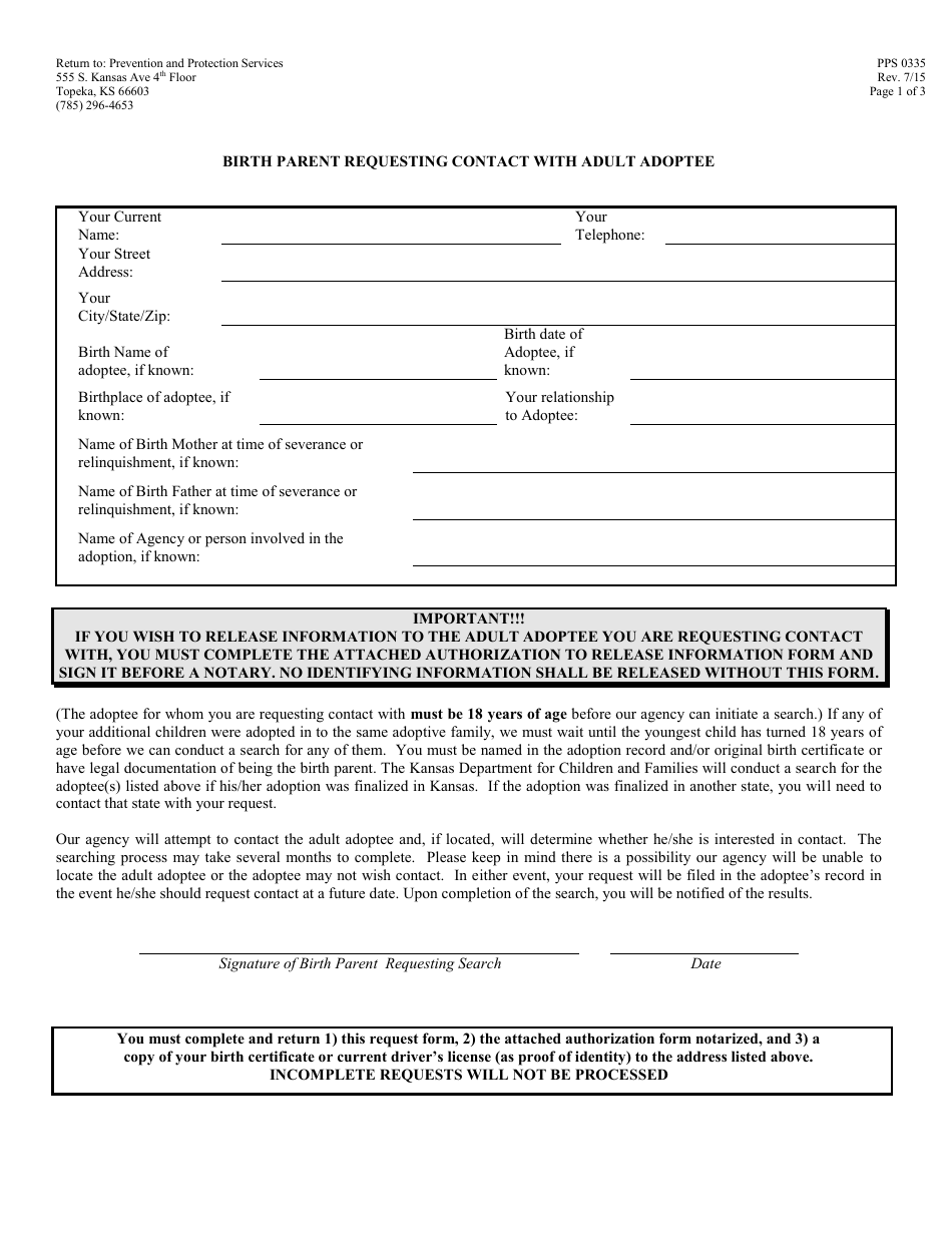 Form PPS0335 Birth Parent Requesting Contact With Adult Adoptee - Kansas, Page 1