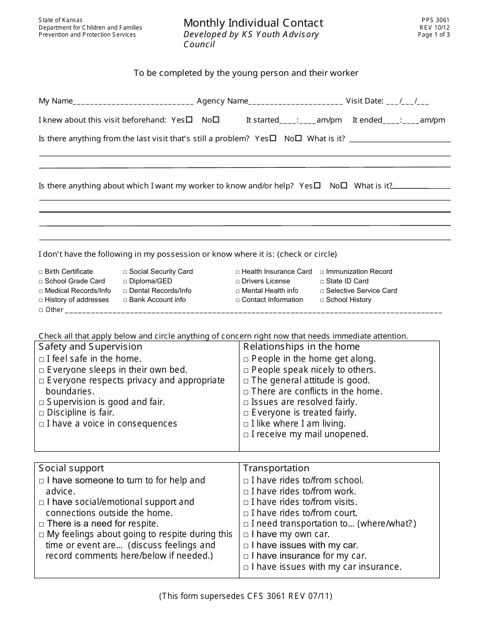 Form PPS3061 Monthly Individual Contact - Kansas, Page 1