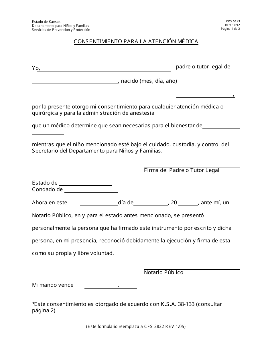 Formulario PPS5123 Consentimiento Para La Atencion Medica - Kansas (Spanish), Page 1