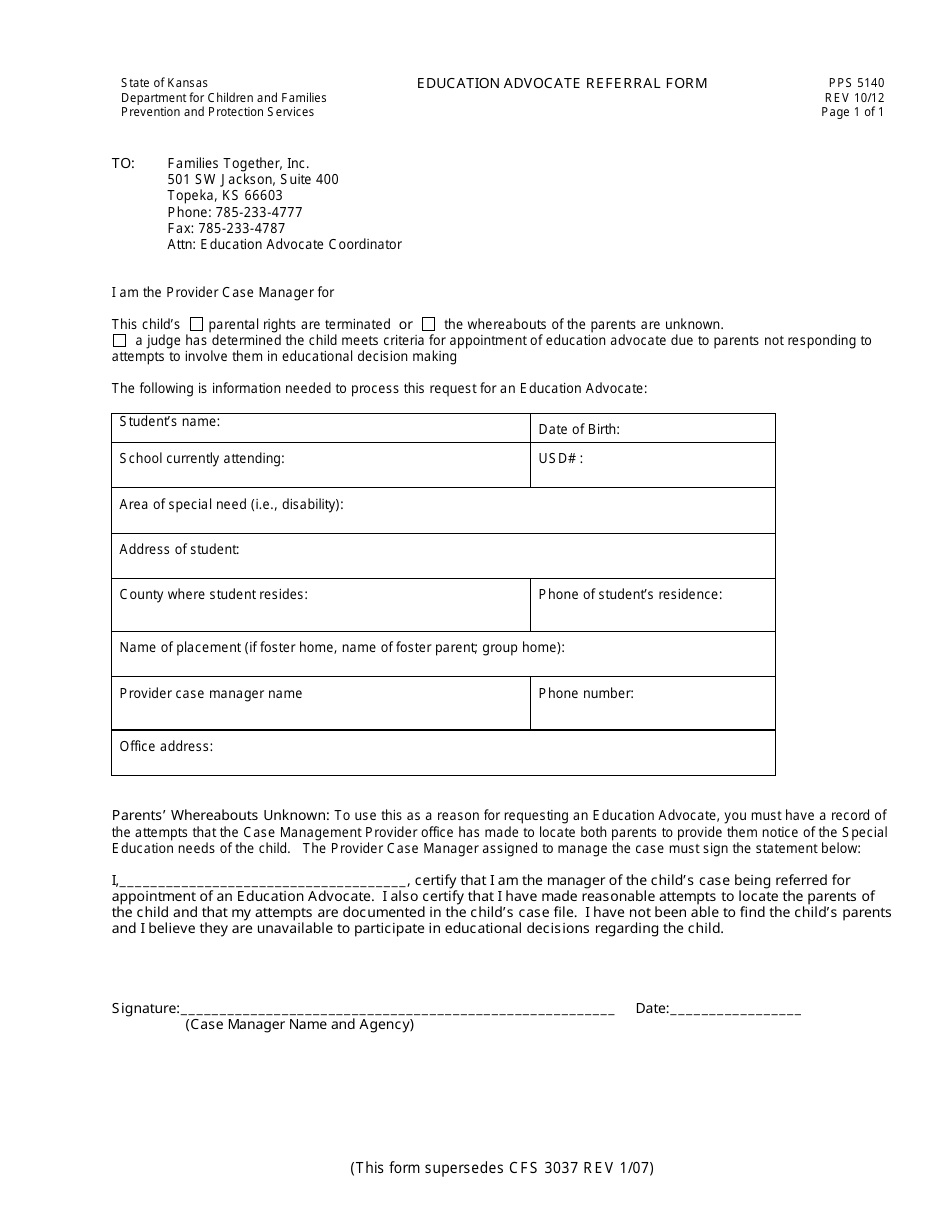 Form PPS5140 Education Advocate Referral Form - Kansas, Page 1