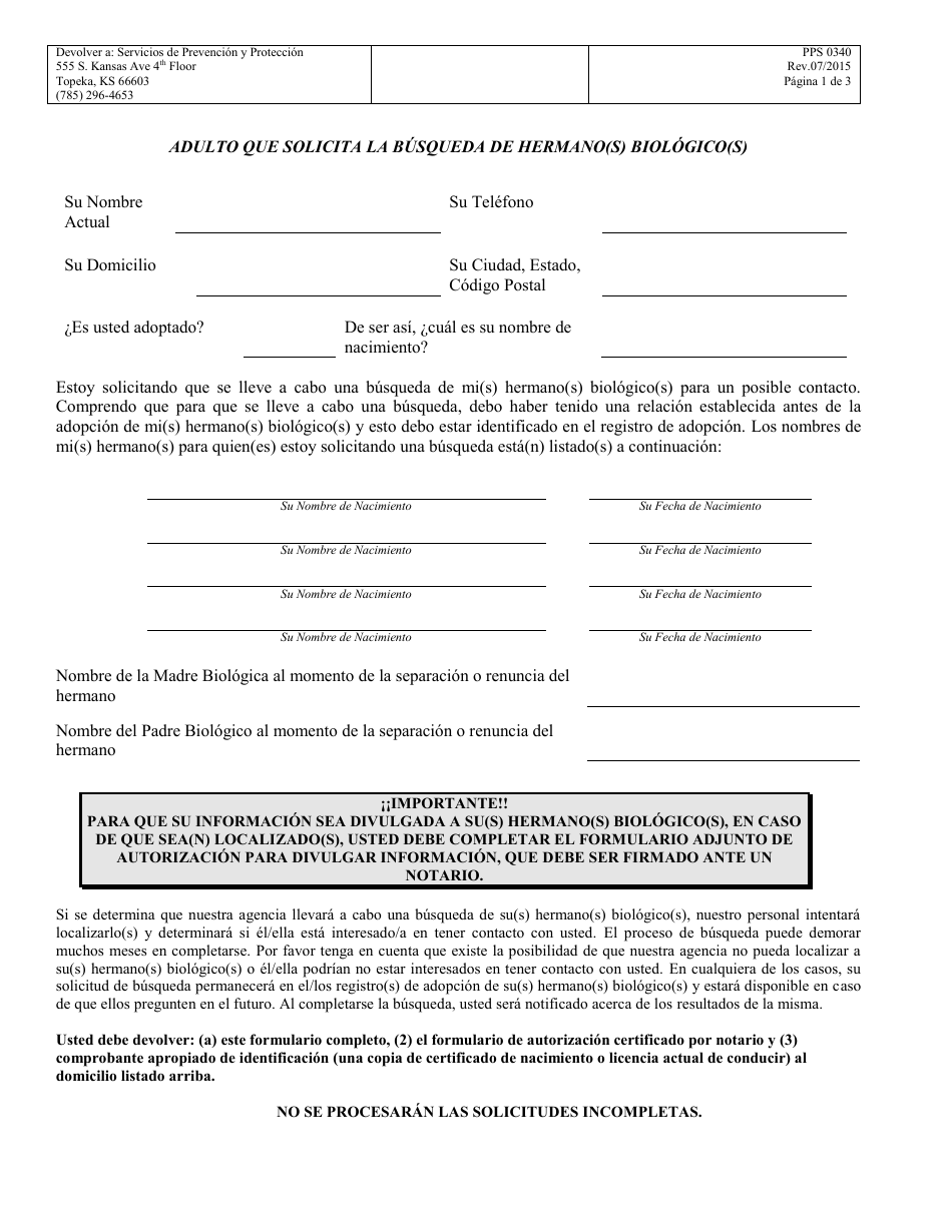 Formulario PPS0340 Adulto Que Solicita La Busqueda De Hermano(S) Biologico(S) - Kansas (Spanish), Page 1