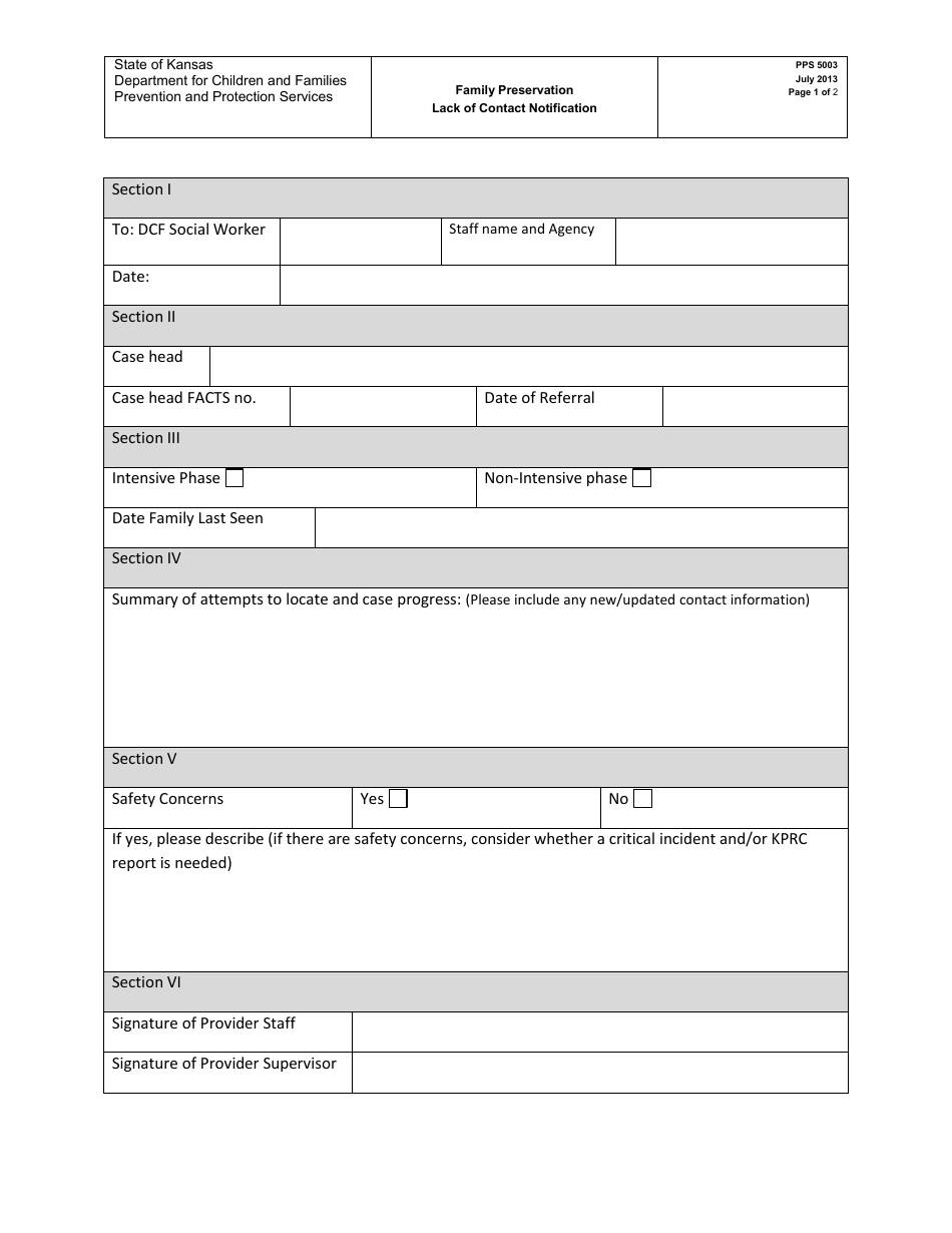 Form PPS5003 Family Preservation Lack of Contact Notification - Kansas, Page 1