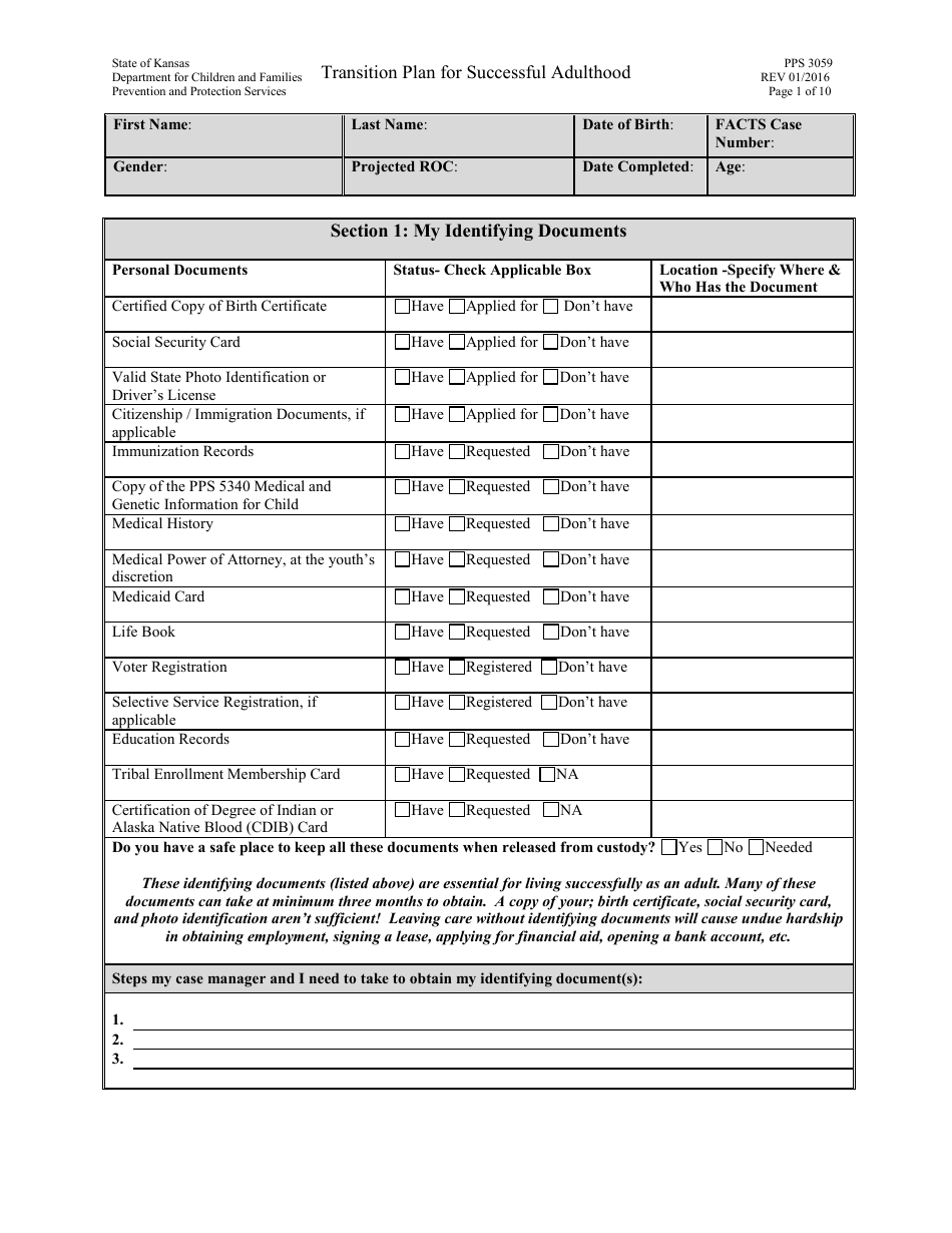 Form PPS3059 Transition Plan for Successful Adulthood - Kansas, Page 1