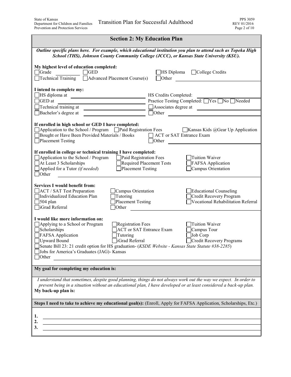 Form PPS3059 Transition Plan for Successful Adulthood - Kansas, Page 2