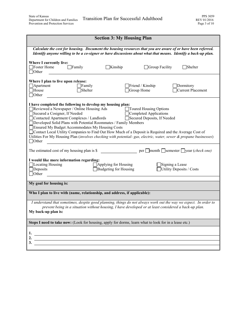 Form PPS3059 Transition Plan for Successful Adulthood - Kansas, Page 3
