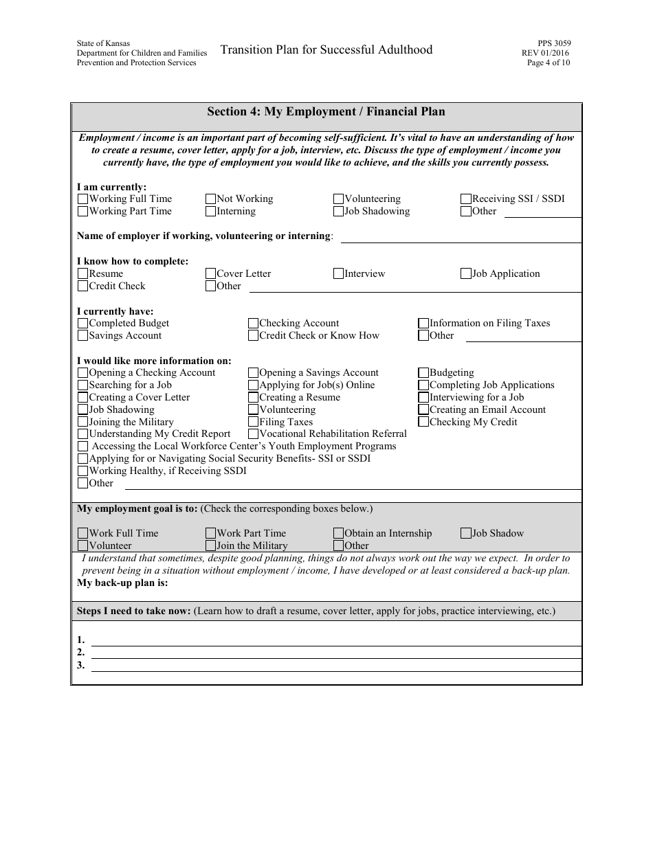 Form PPS3059 Transition Plan for Successful Adulthood - Kansas, Page 4