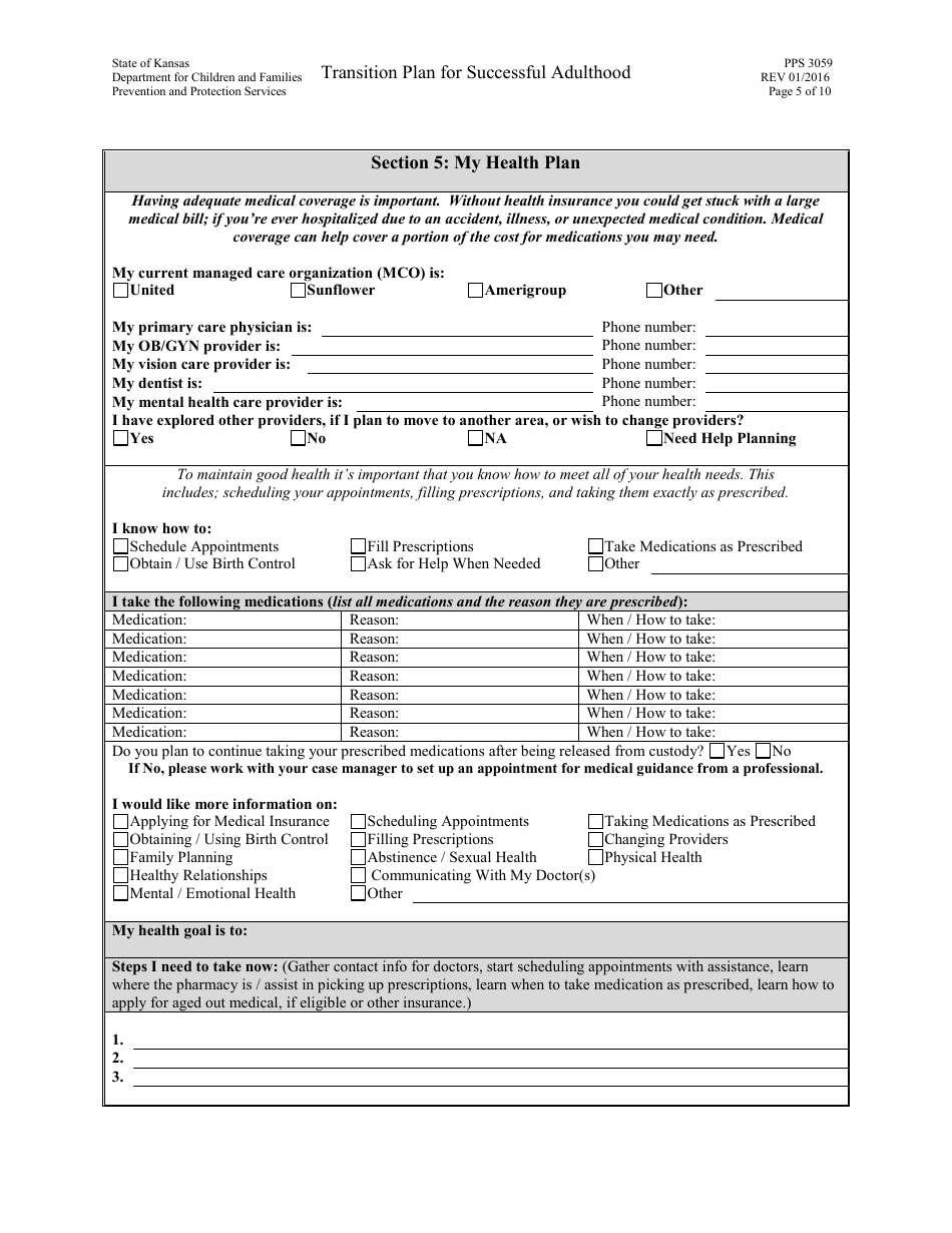 Form PPS3059 Transition Plan for Successful Adulthood - Kansas, Page 5