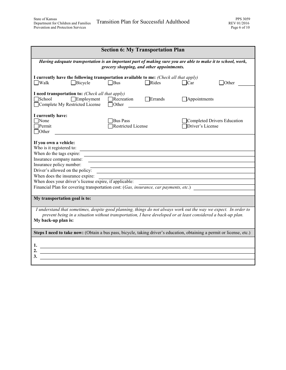Form PPS3059 Transition Plan for Successful Adulthood - Kansas, Page 6