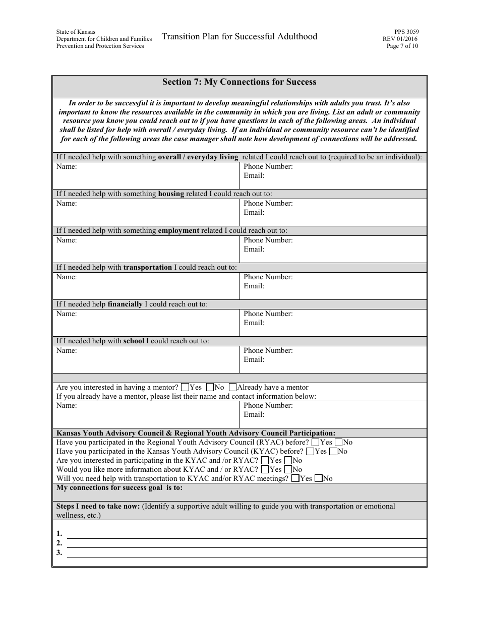 Form PPS3059 Transition Plan for Successful Adulthood - Kansas, Page 7