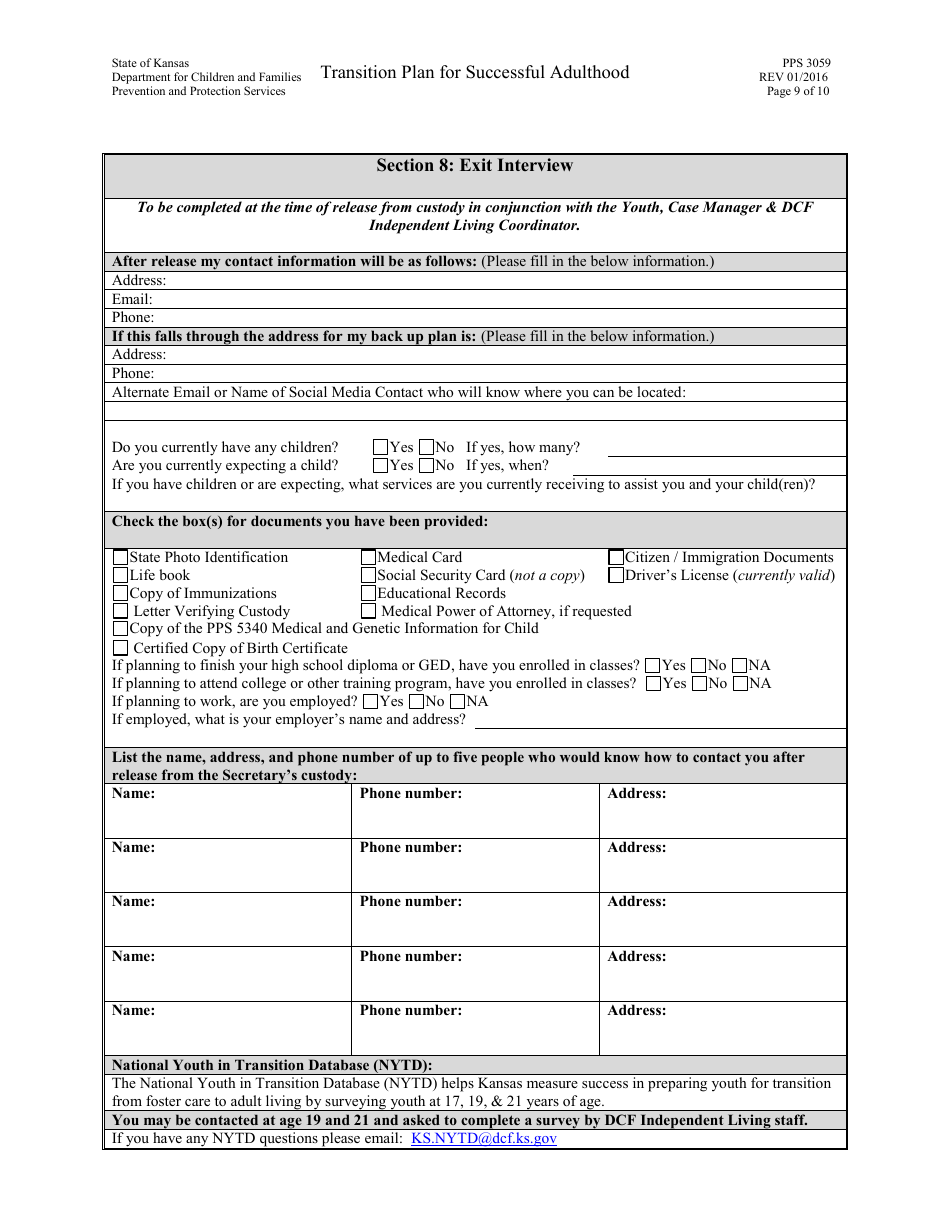 Form PPS3059 Transition Plan for Successful Adulthood - Kansas, Page 9