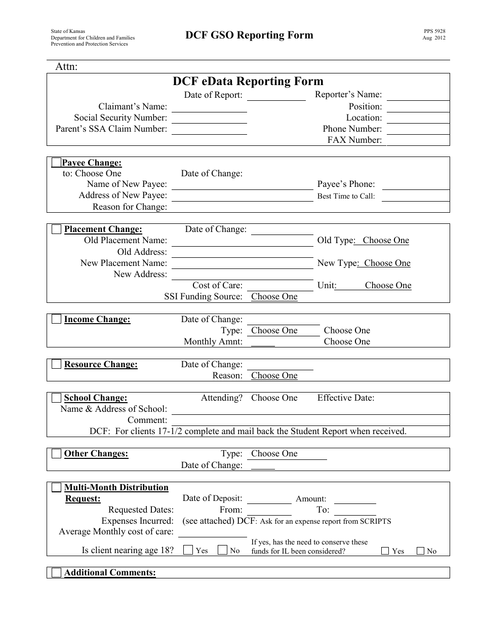 Form PPS5928 Dcf Gso Reporting Form - Kansas, Page 1