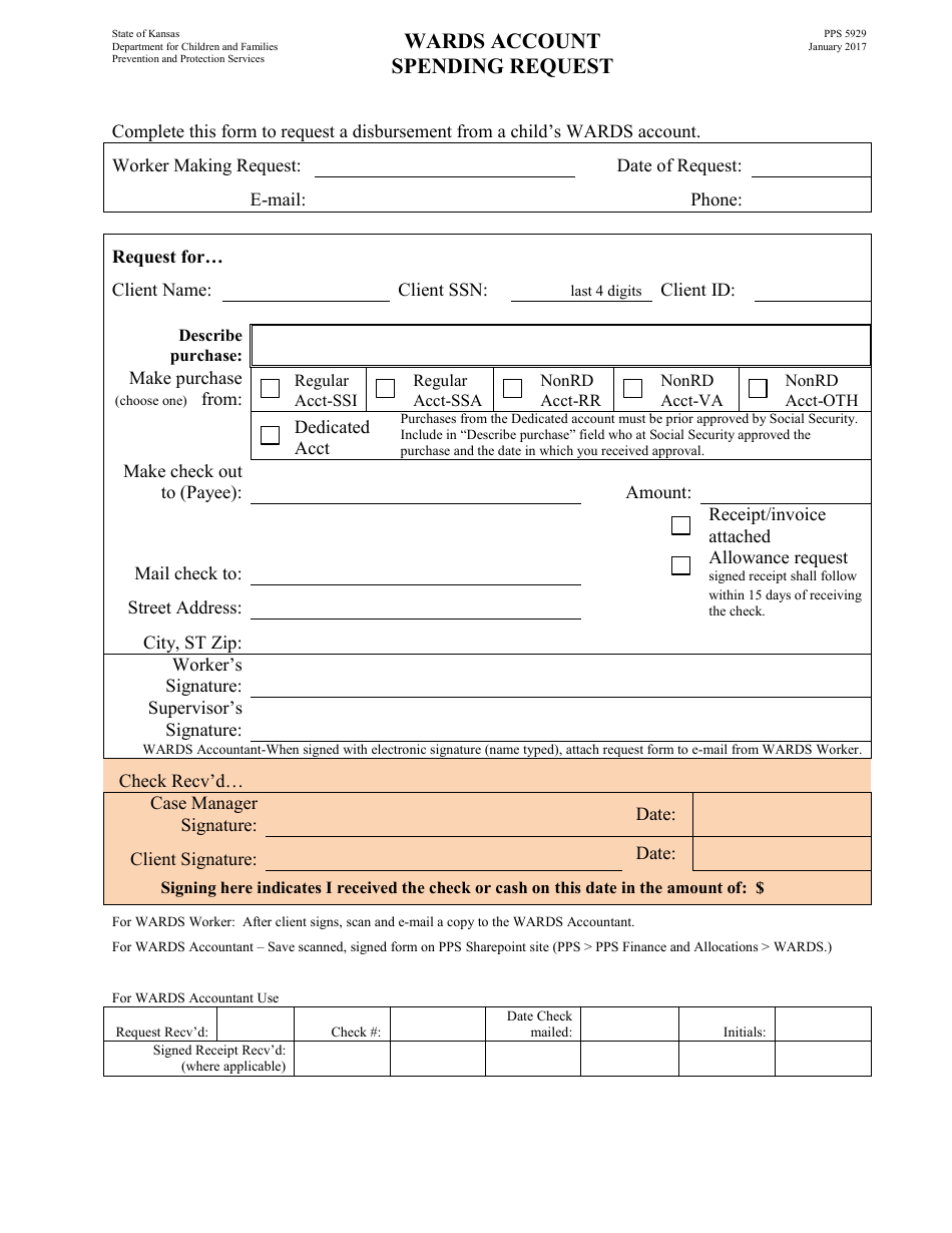 Form PPS5929 Wards Account Spending Request - Kansas, Page 1
