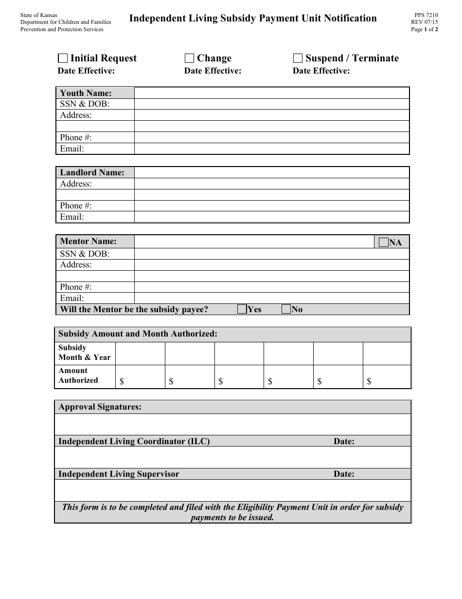 Form PPS7210 - Fill Out, Sign Online and Download Printable PDF, Kansas ...