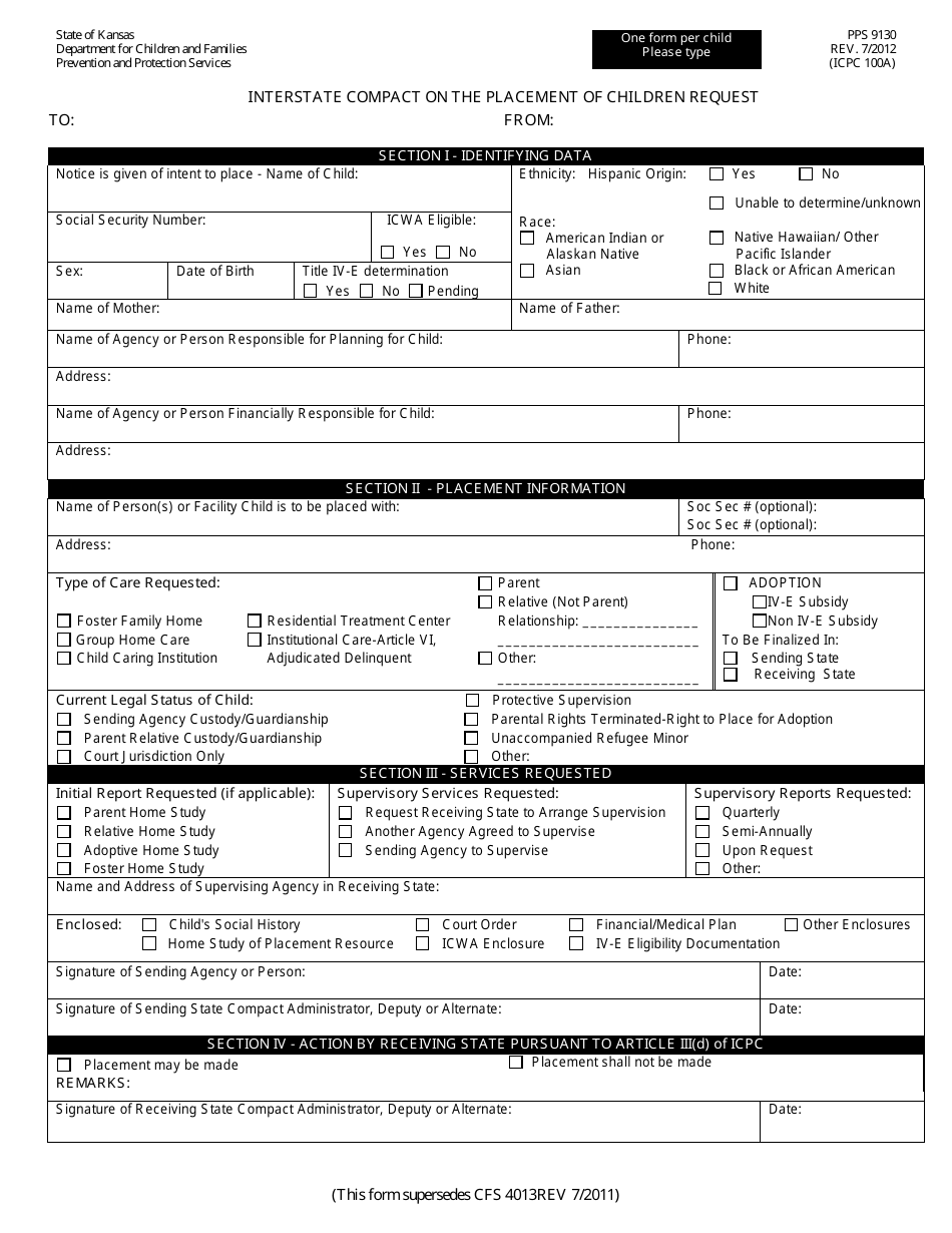 Form PPS9130 Interstate Compact Placement Request - Kansas, Page 1