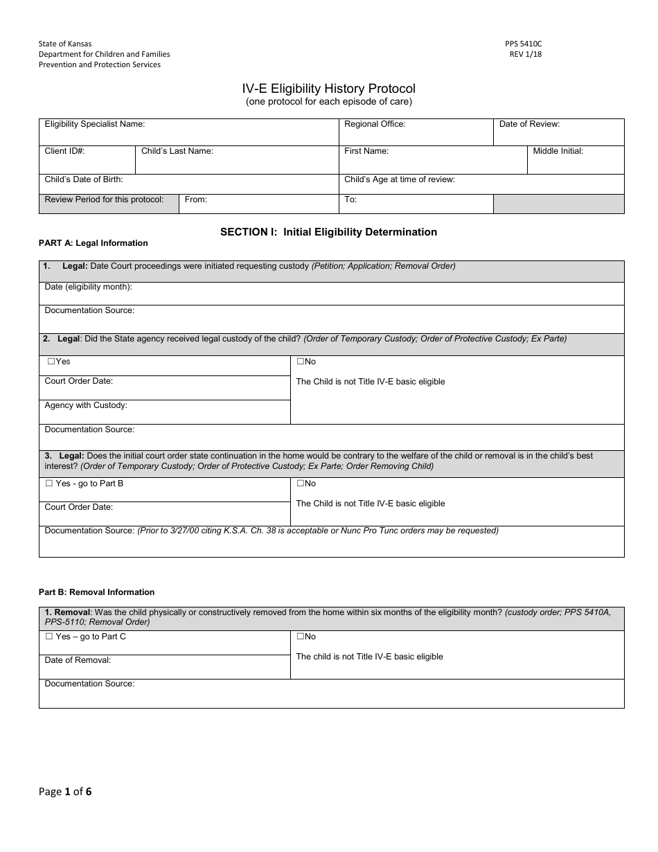 Form PPS5410C IV-E Eligibility History Protocol - Kansas, Page 1