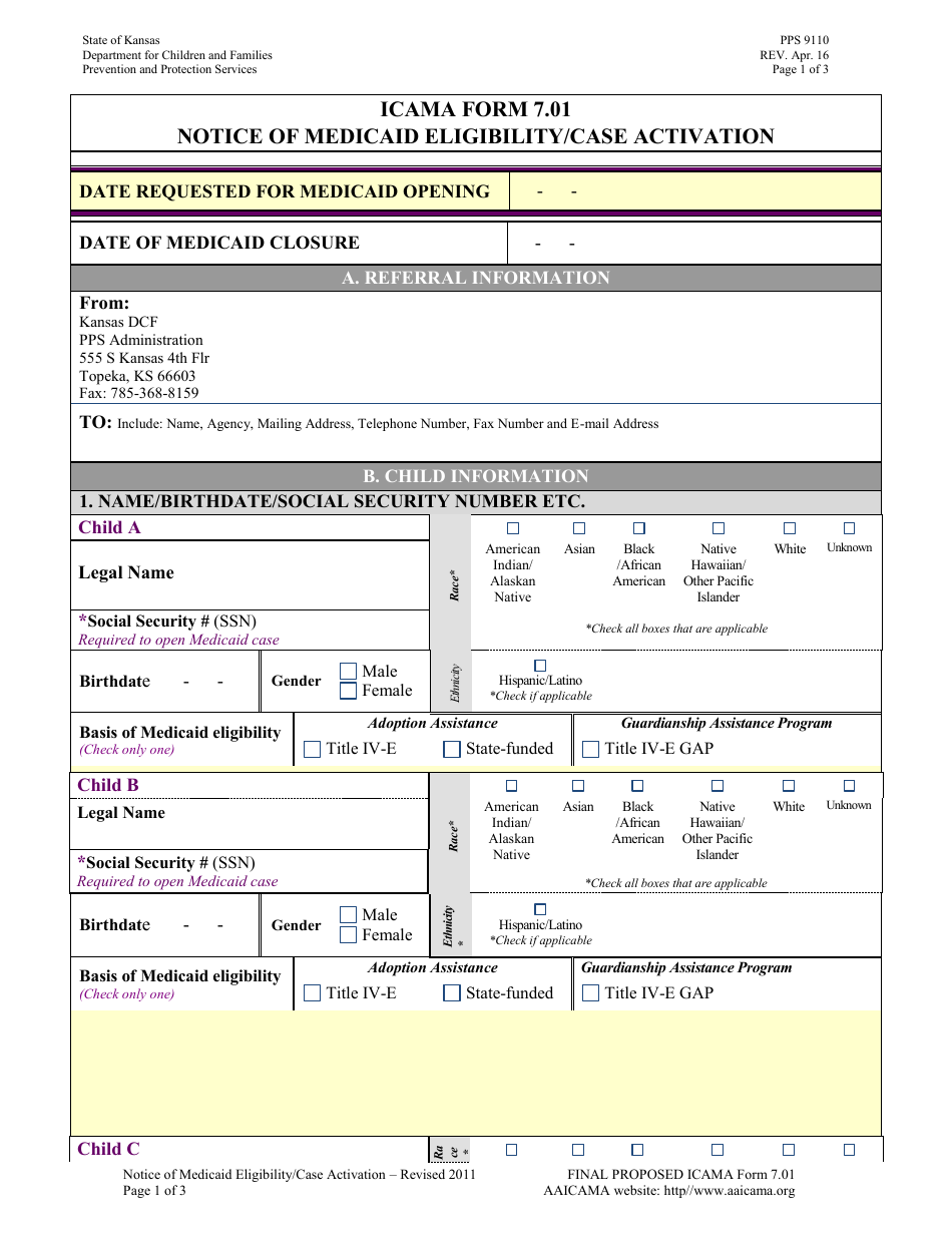 Form PPS9110 (ICAMA Form 7.01) Notice of Medicaid Eligibility / Case Activation - Kansas, Page 1