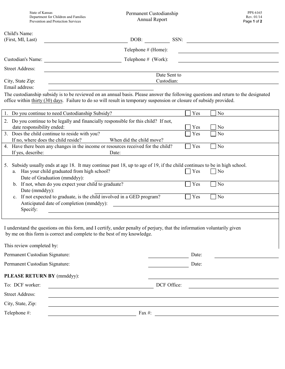 Form PPS6165 Permament Custodianship Annual Report - Kansas, Page 1