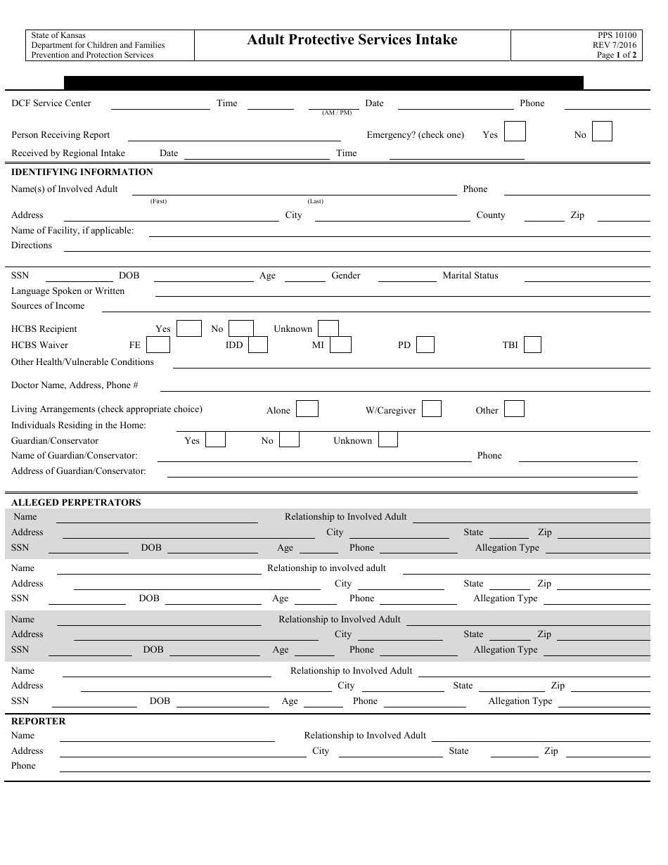 Form PPS10100 Adult Protective Services Intake - Kansas, Page 1