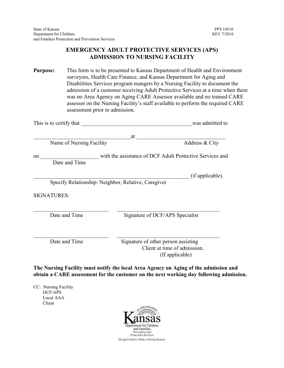 Form PPS10510 Emergency Adult Protective Services (Aps) Admission to Nursing Facility - Kansas, Page 1