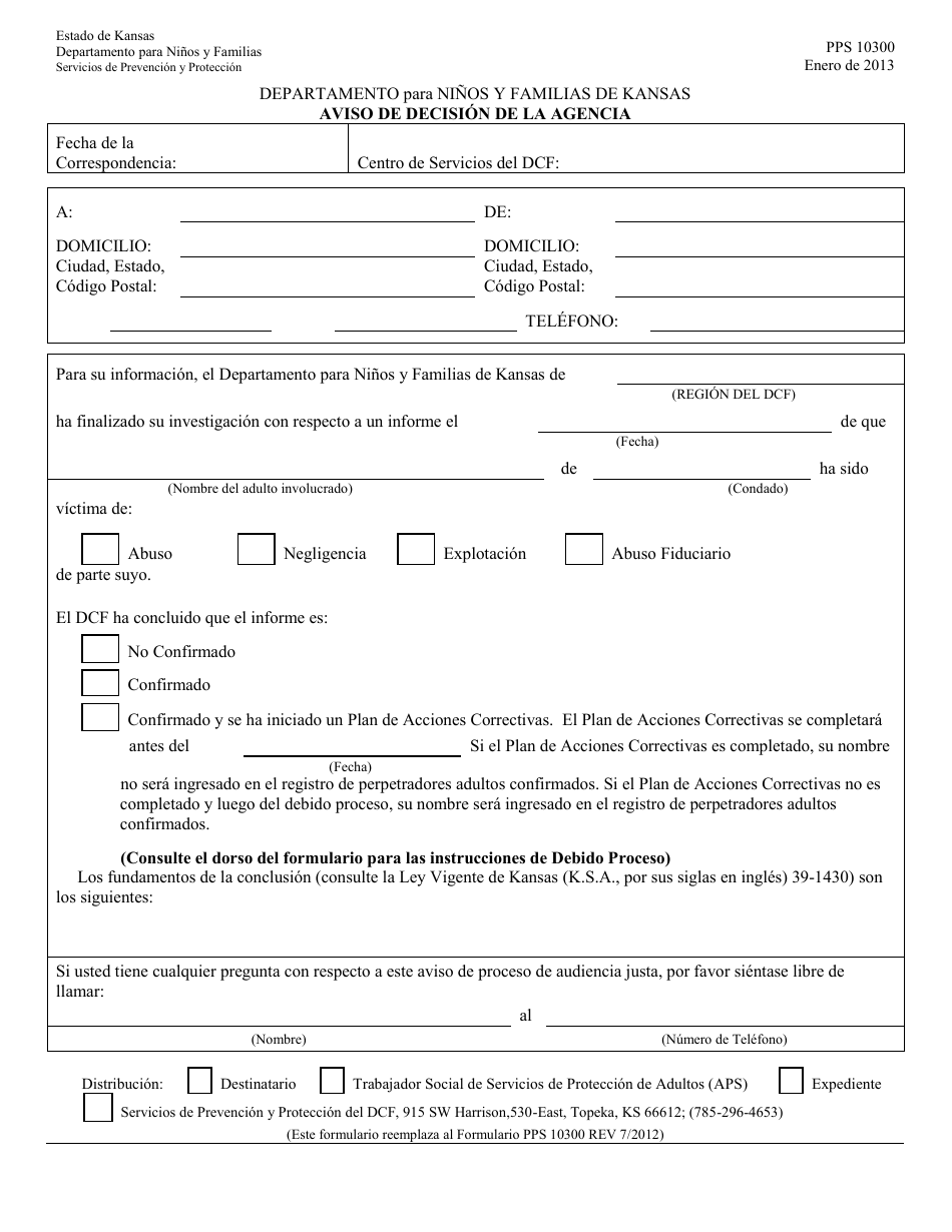 Formulario PPS10300 Aviso De Decision De La Agencia - Kansas (Spanish), Page 1
