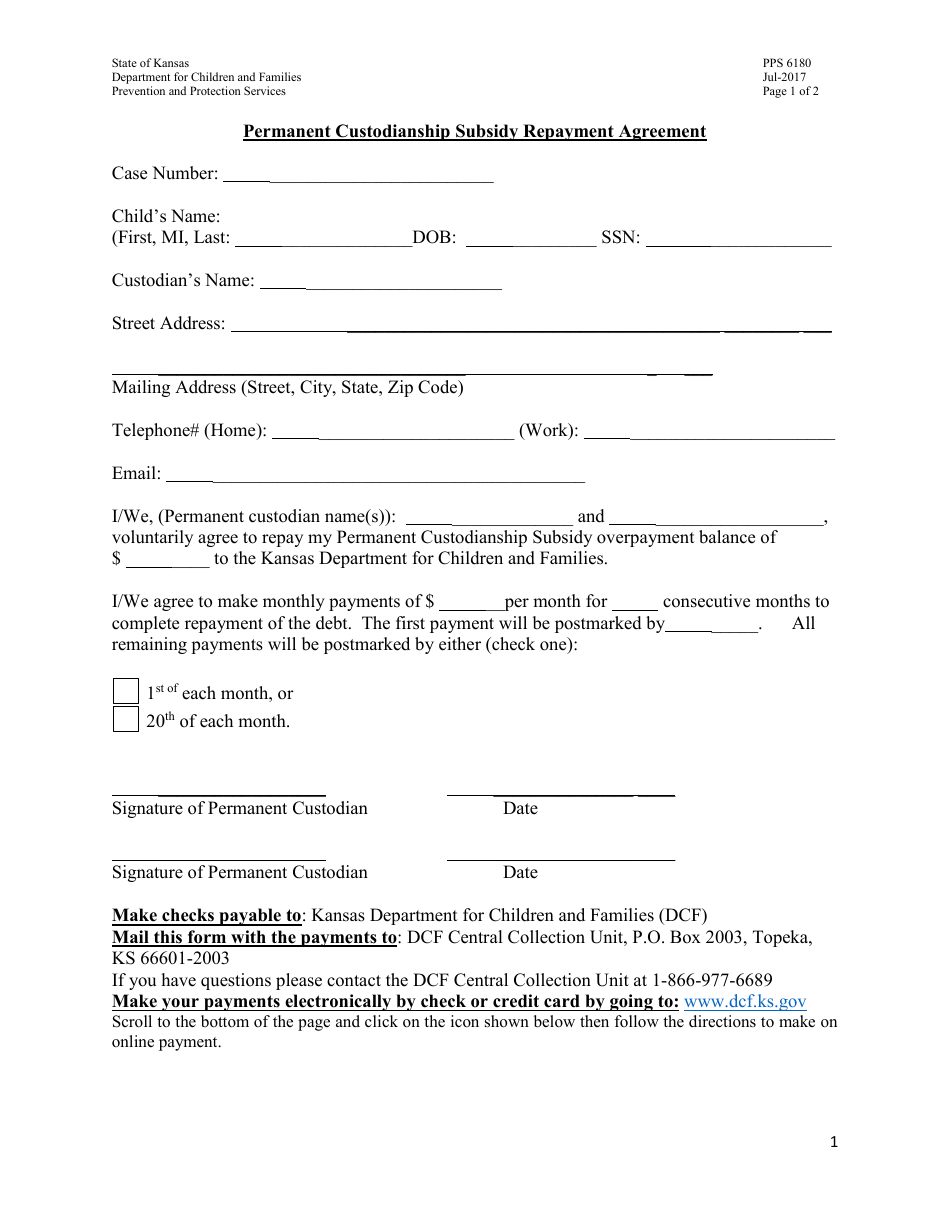 Form PPS6180 Permanent Custodianship Subsidy Repayment Agreement - Kansas, Page 1